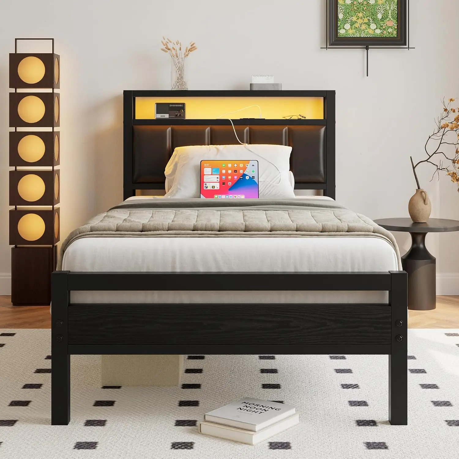 Bed Frame with Charging Station & LED Lights,Storage Upholstered Headboard,Metal Bed Frame Twin Size Bed Frames No Box Sprin