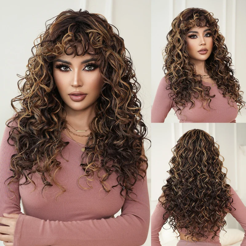 New style hot girl Asian honey blonde curly black spring curl long hair with bangs synthetic fiber machine-made wig