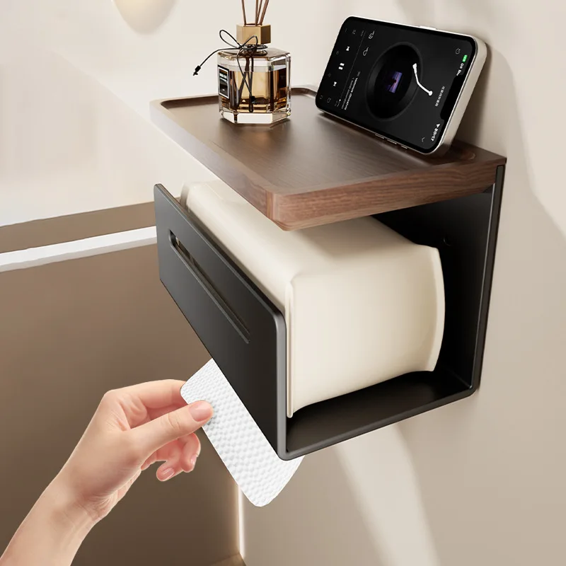 

Держатель для туалетной бумаги из черного ореха, настенный, без сверления, для ванной комнаты, с полкой для коробки с салфетками