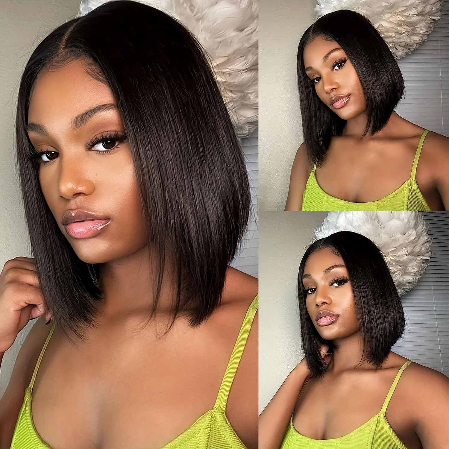 Perruque Bob Lace Front Wig sans colle brésilienne lisse, cheveux humains, 4x4, 5x5, prêt à porter, pour femmes