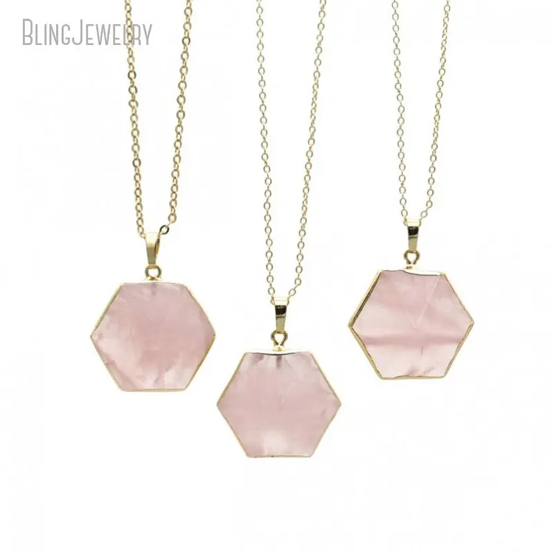 10pcs Rose Quartz Pendant  Gold Color Chain Necklace Women Healing Crystal Hexagon Pink Birthstone Emo Wicca Minimal Jewelry