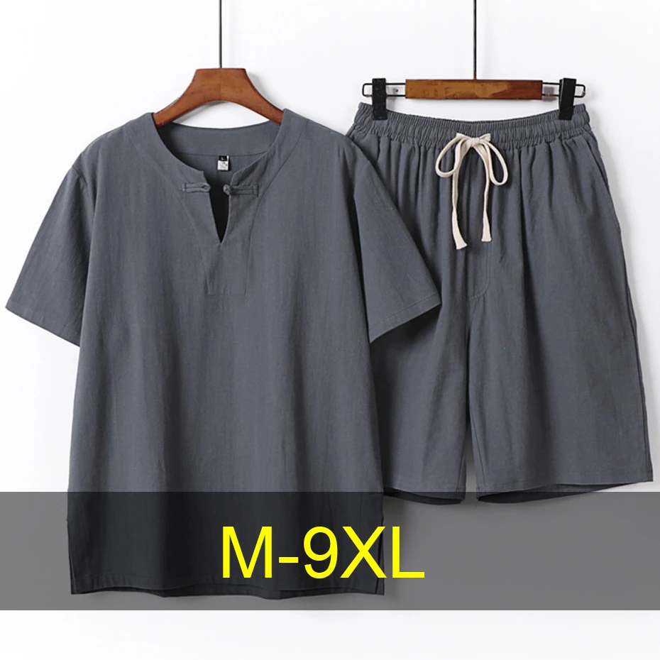 

9XL Plus Size Suits Men Sets Summer Linen T-shirts Shorts Fashion Casual Solid Color Suits Male Big Size 9XL