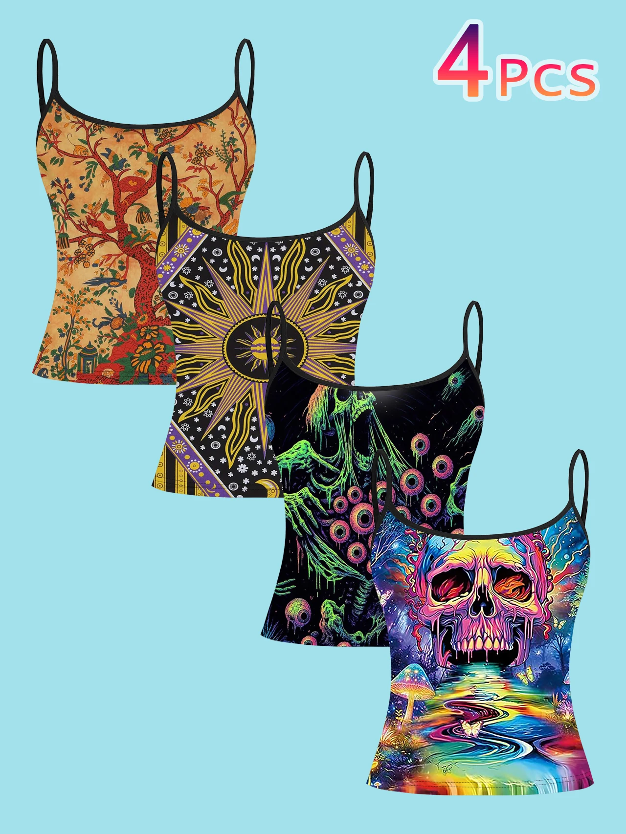 4-Piece Set of Psychedelic Subculture Printed Camisoles, Neon Skull Sun Starburst Floral Bird Mushroom Spaghetti Strap Sleeveless Tops, Dark Fantasy Style Slim Fit Inner and Outer Wear Vest Set