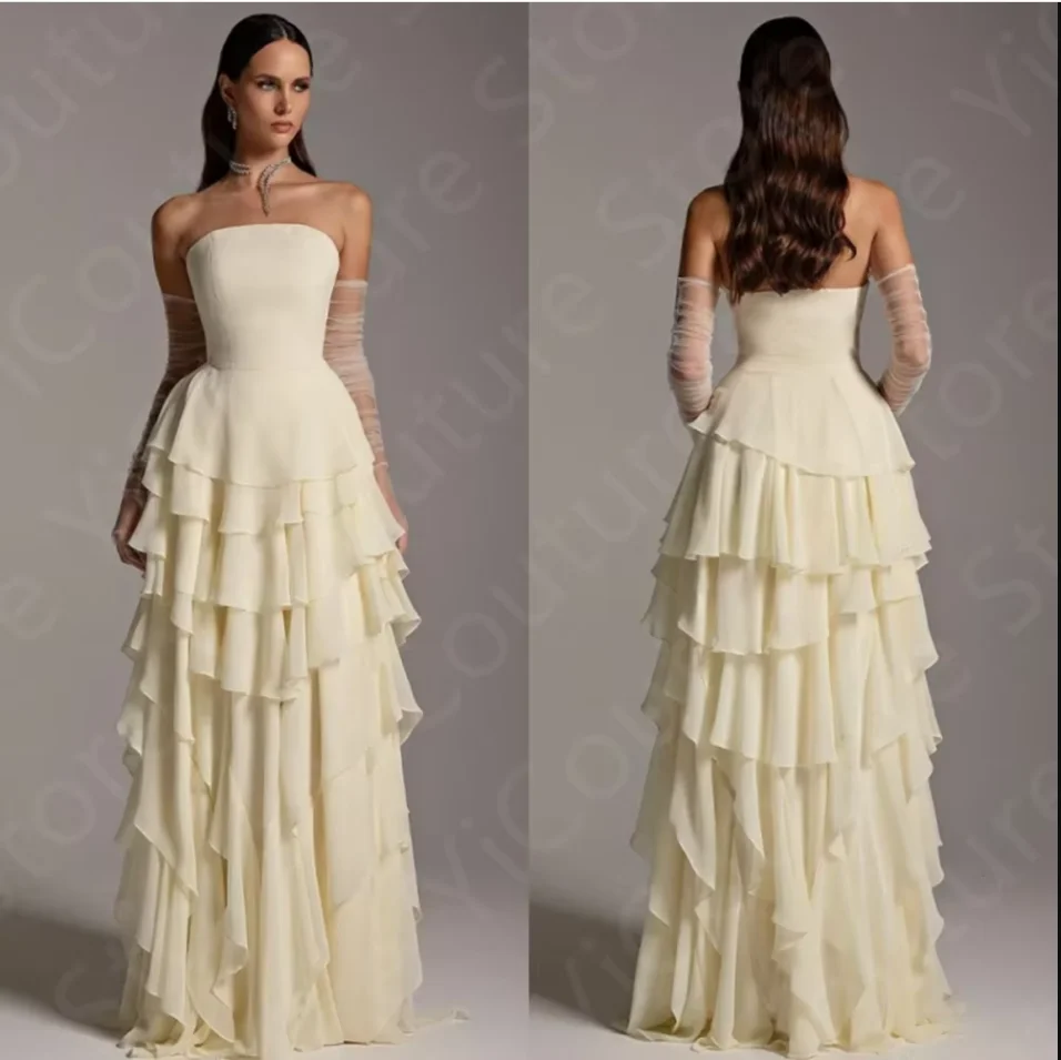 

Новые кремовые вечерние платья по индивидуальному заказу, платья для выпускного вечера без бретелек, многоуровневая юбка без рукавов, свадебные платья, длина до пола