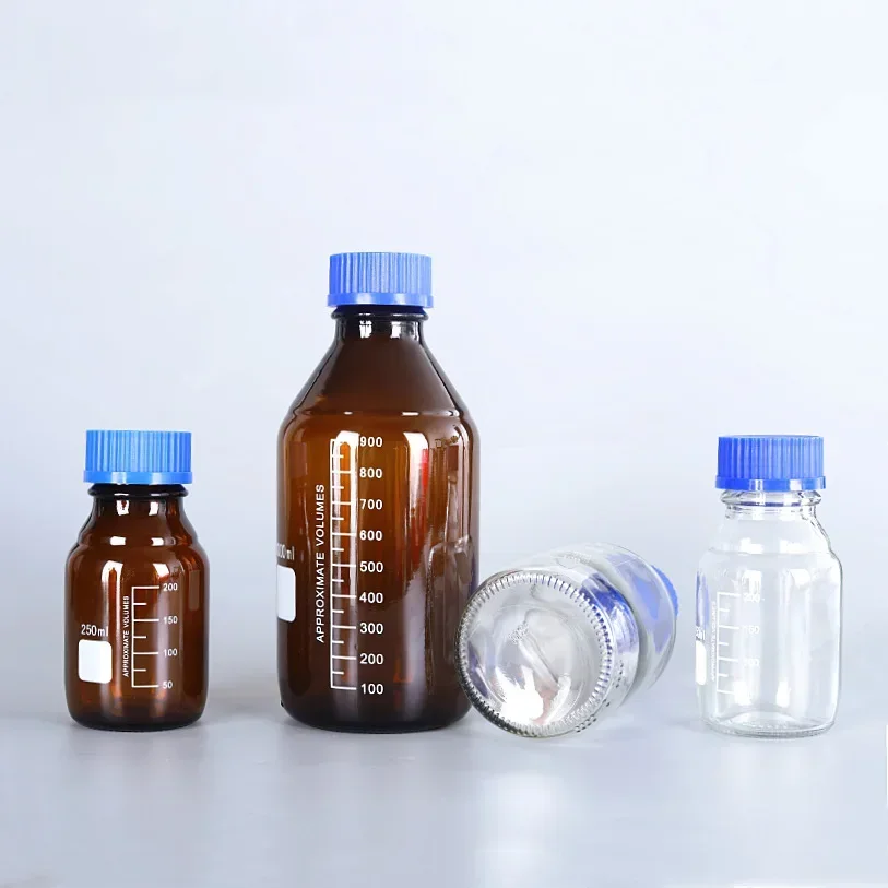 25ml-1000ml Empty Non-High Borosilicon Glass Media Storage Bottles with Blue GL45 Screw Caps for Lab Mixtures Reagent Liquids