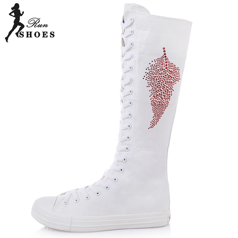 High Top Women\'s Canvas Shoes Diamond Knee High Boots Cheerleaders Dance Shoes Lace-Up Comfortable Flat Platform Vulcanized Shoe