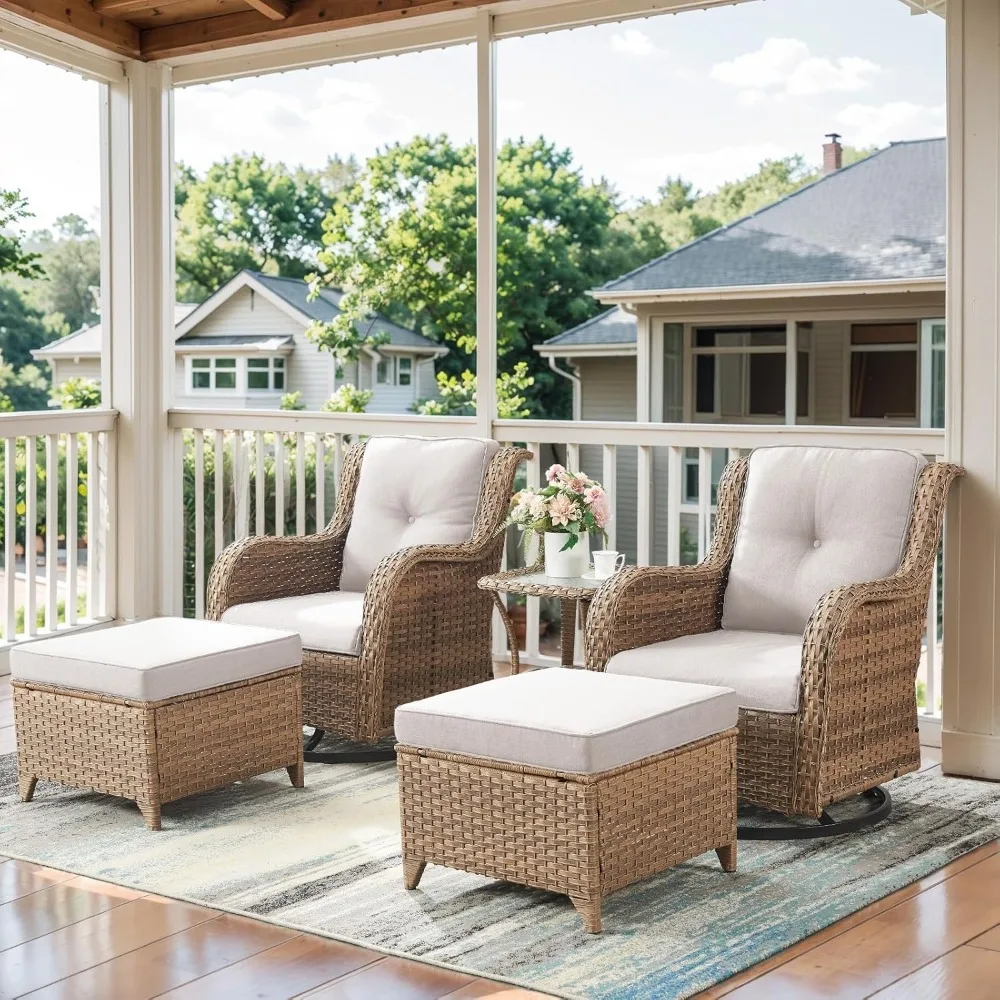 

5 Pieces Patio Furniture Sets Wicker Outdoor Furniture, Rattan Patio Swivel Glider Chairs with 2 Ottoman and Glass Side Table,