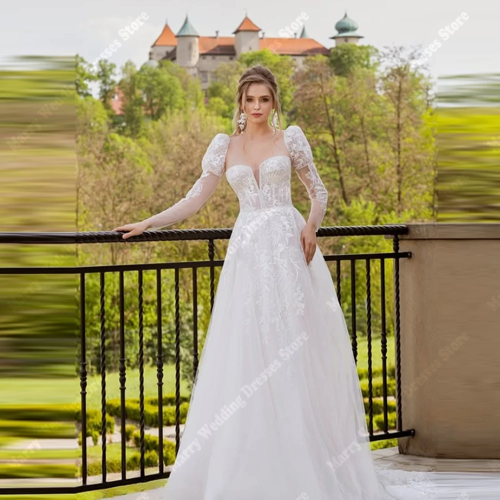 

Sweetheart Collar A-Line Women Wedding Dresses Fashion Lace Flower Print Tulle Bride Gowns Banquet Vestidos De Novias Customized