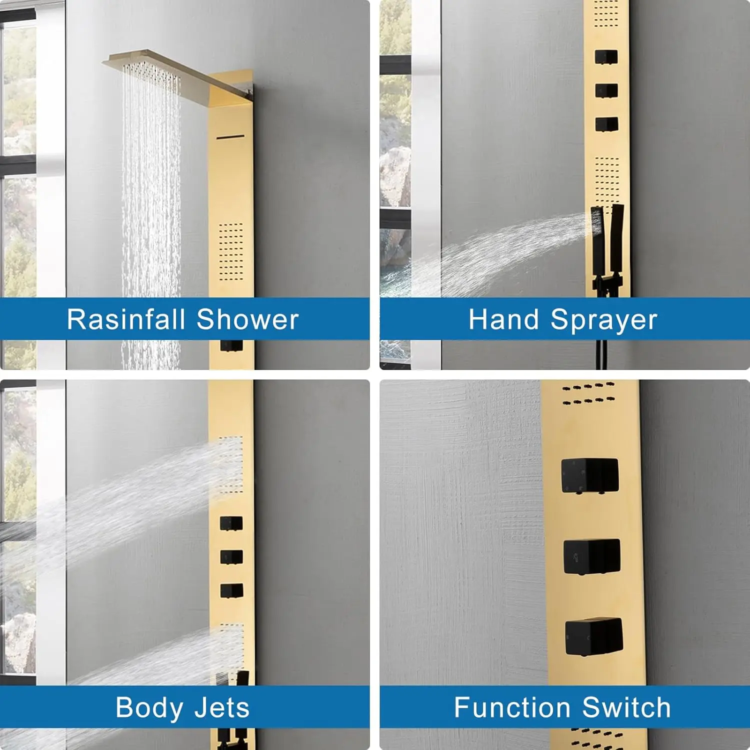 Bwe Brushed Gold Shower Panel Tower System, Multi Function Shower System With Body Jets, Handheld Sprayer, Rainfall Shower Head