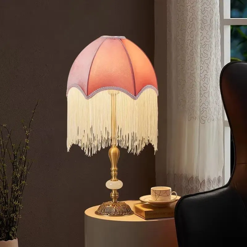 for American Luxury Modern AC Electric Medieval Bedside Lamp Vintage Tassel Jade Copper Living Room Desk Lamp RGB Battery