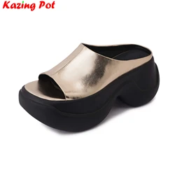 Krazing Pot Light Cow Leather Mules Peep Toe High Heels Summer Shoes Casual Platform Thick Bottom Elegant Modern Women Sandals