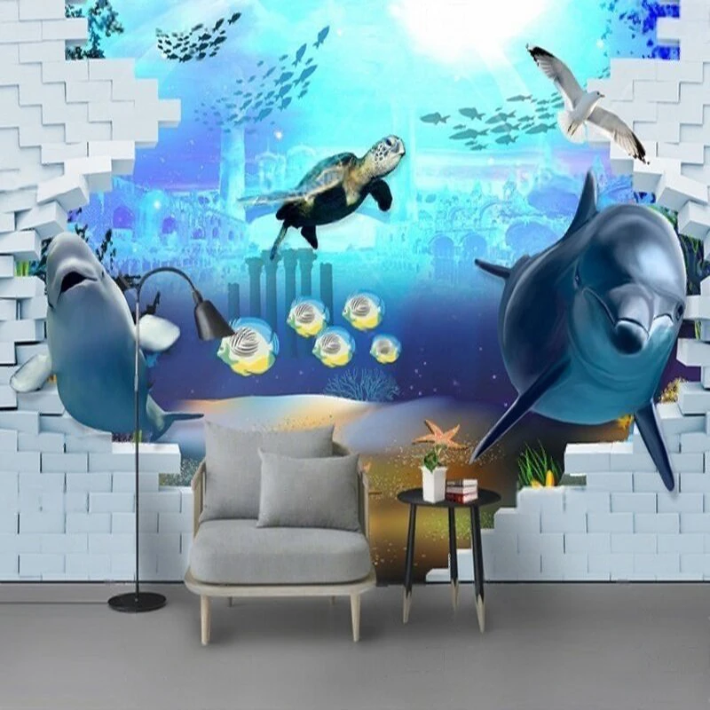 

Modern 3D stereoscopic underwater world dolphin bedroom luxurious home decoration background wall paper