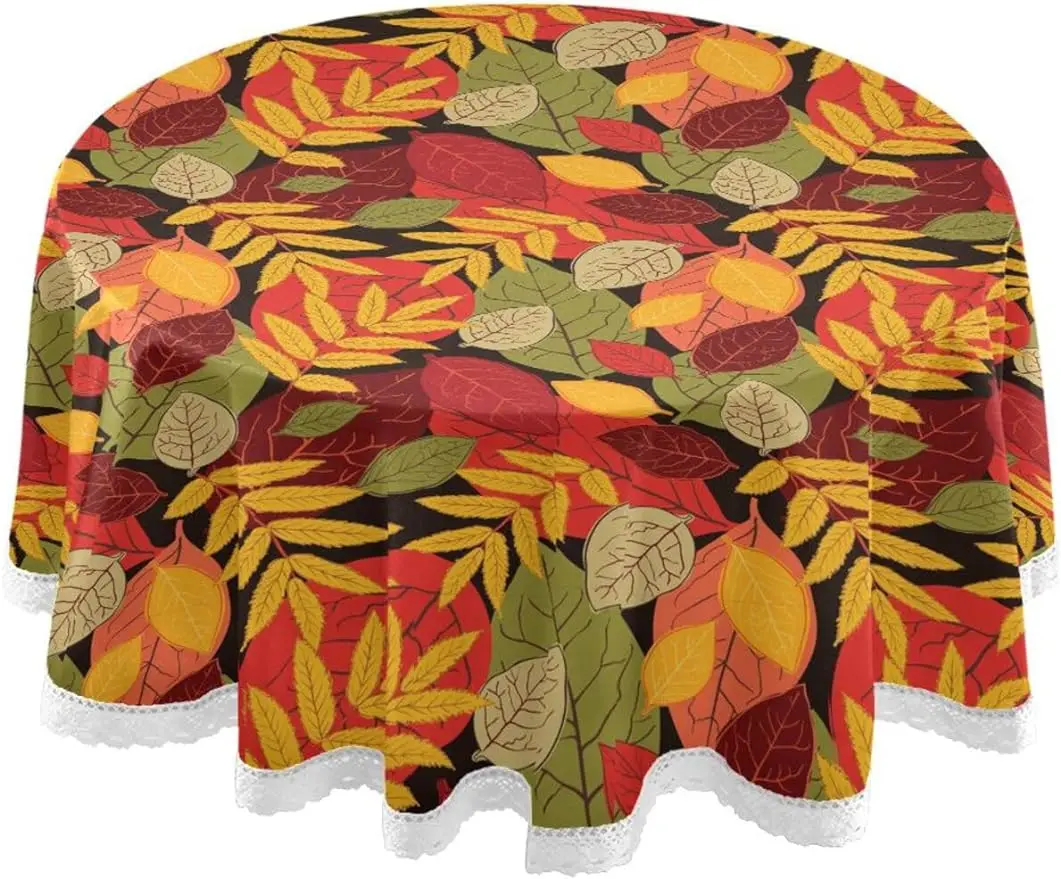 Reddish Leaves in Autumn Round Tablecloth Printed Lace Table Cover for Dinning Kitchen Party Table, 60 Inch