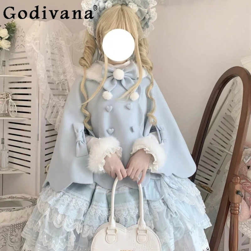 

Japanese Style Rabbit Ear Cape Woolen Coat Women's Lolita Sweet Cute Autumn Winter Ponchos Lady Thickened Warm Short Capes