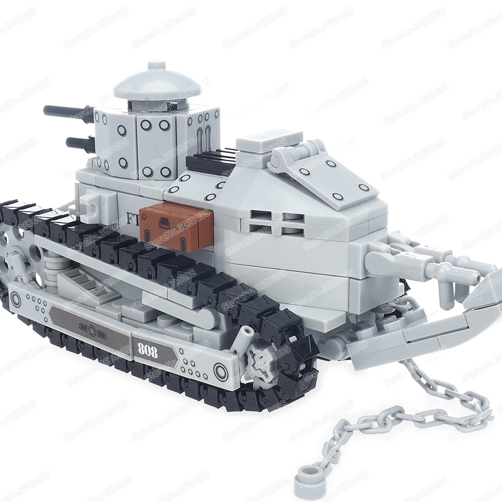 Military Ground Combat FT-17 Light Tank Building Block WW2 Figures War Assault Rotating Turret Weapons Model Child Gift Boy Toys