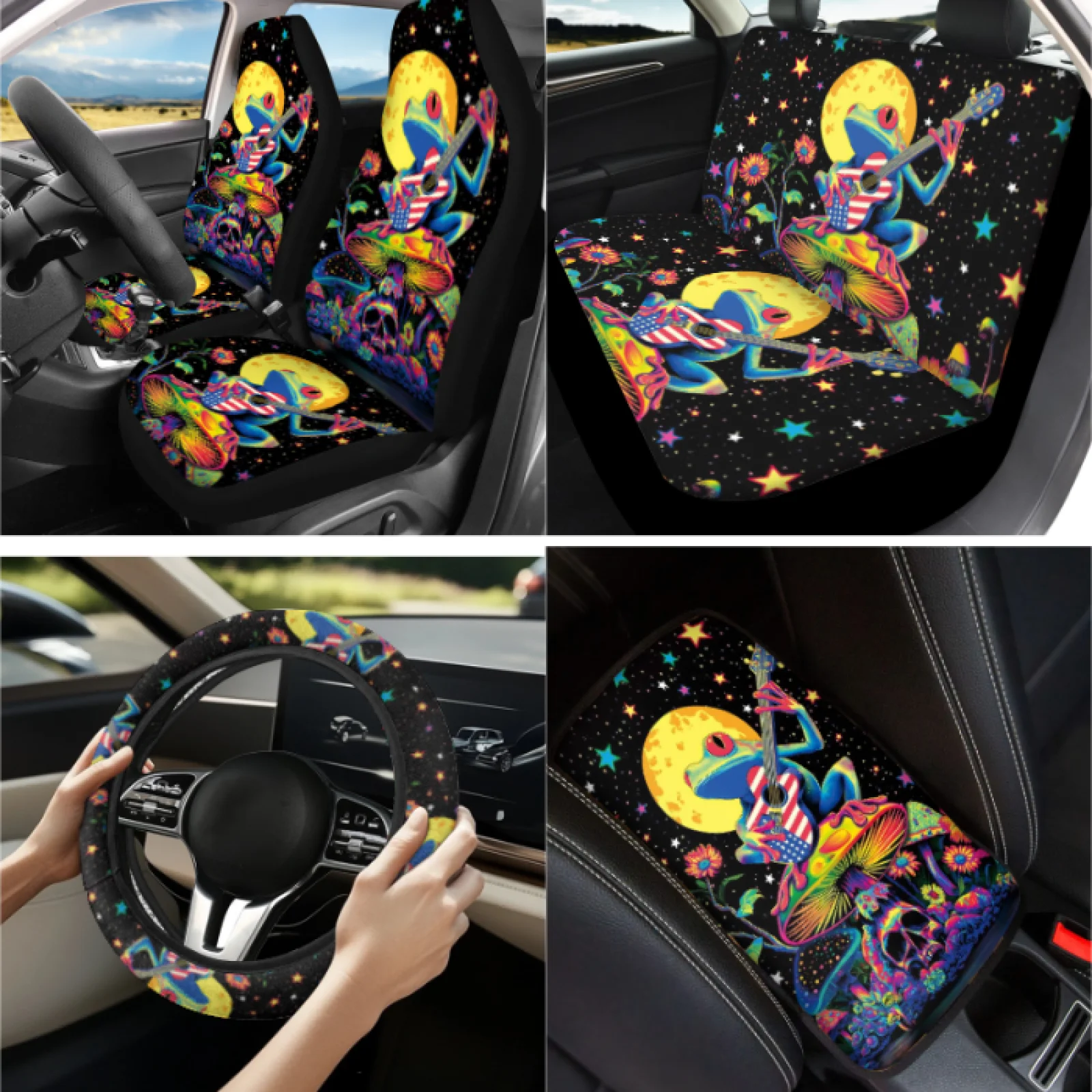 Coloranimal Frog Guitar Set of 13 Front Back Seat Cover Set with Scratch-Resistant Lipstick Sleeve and Coasters for Small Car