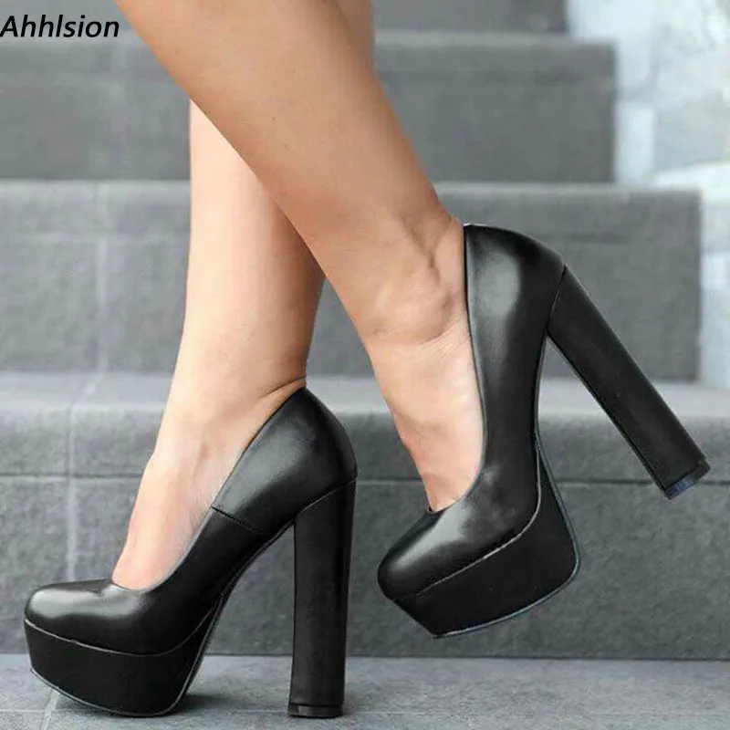 

Ahhlsion Women Spring Pumps Chunky High Heels Faux Leather Round Toe Slip On Elegant Black Party Shoes Ladies US Size 5-20