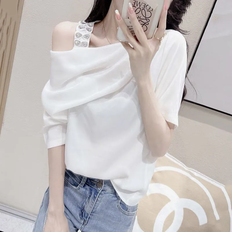 

White Black Off Shoulder T Shirt Women Skew Collar Sexy Women T Shirt Short Sleeves Cotton Slim Summer T-shirt Diamonds