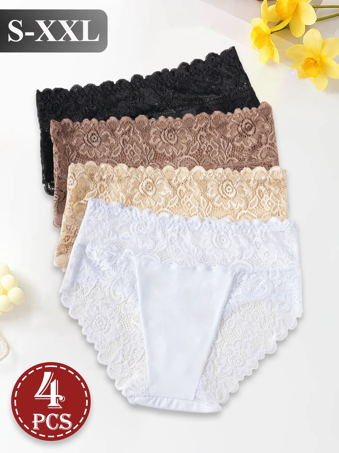 4PCS Women's Underwear Solid Color High Waist Panties Elegant Lace Floral Patch… - Image 3