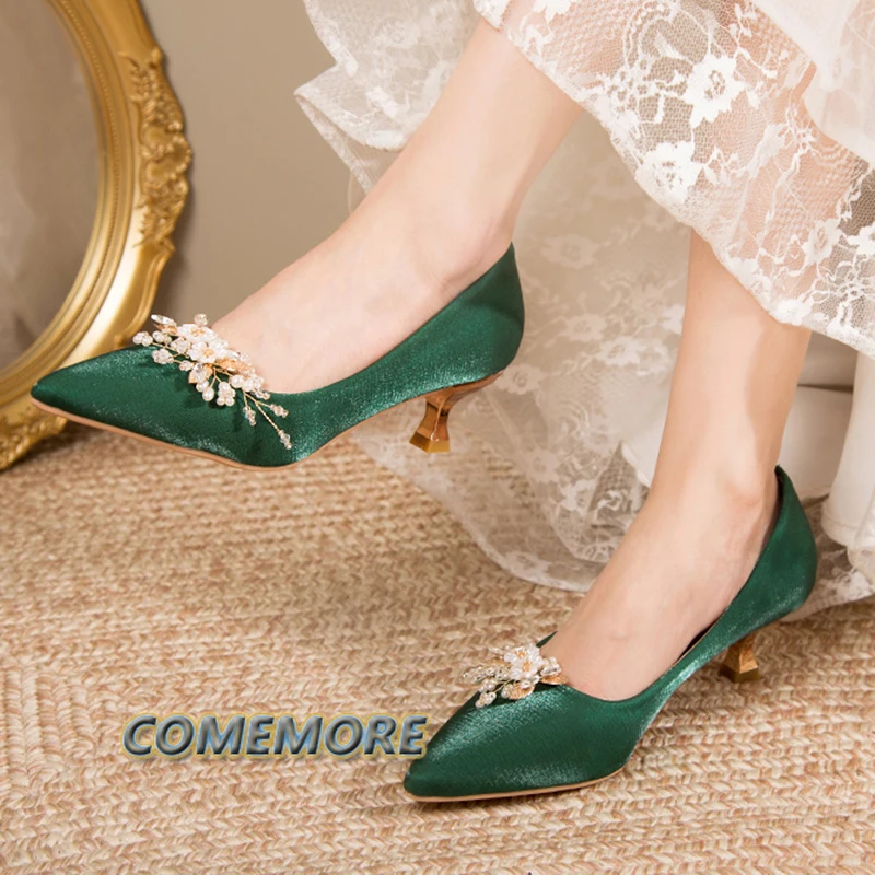 Flowers Pointed Toe Pumps for Women\'s 2023 New Green Silk Low Heels Shoes Woman Slip on Thin Heeled Lady Shoes Green Party Shoes