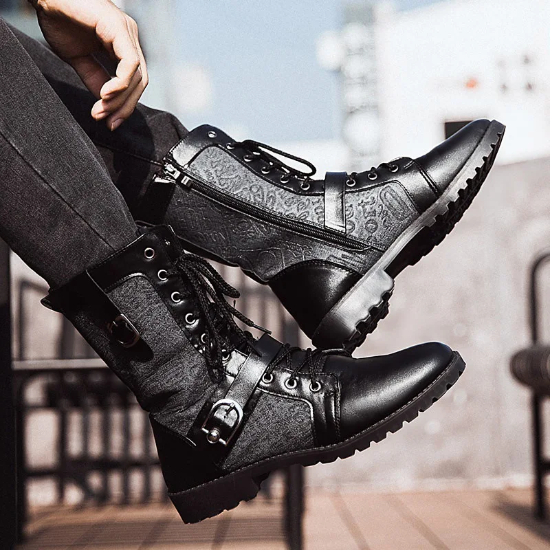 Retro Mid-Carf Punk Boots 2025 Winter Men's Plus Velvet Motorcycle Boots All-match Tooling Shoes Denim Mid-high Army Boots Men