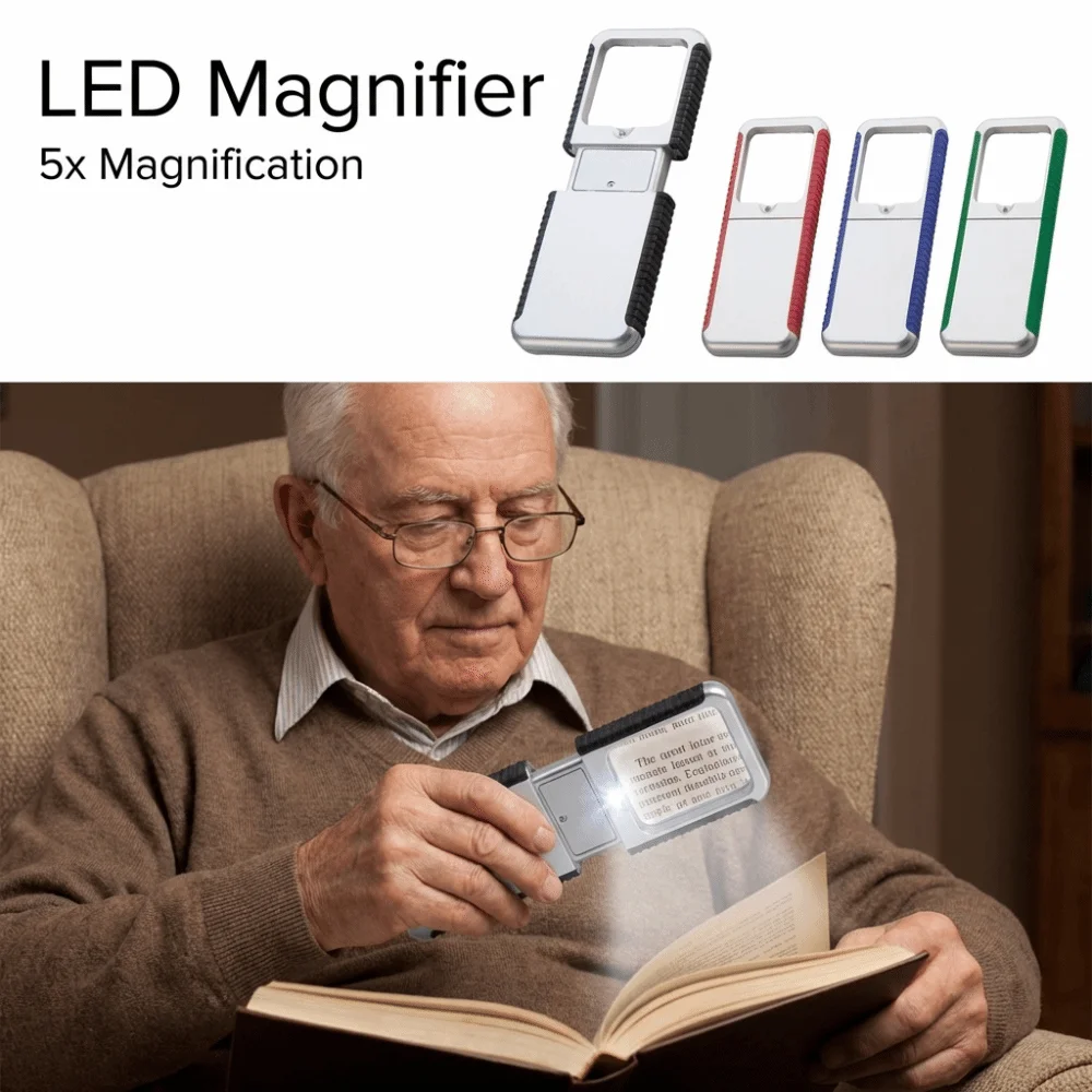 5x Magnification Pull-Out Magnifier Handheld Stretchable LED Magnifier Compact Rectangular Lens Illuminates Magnifier