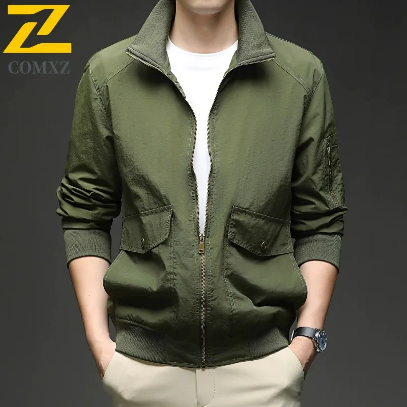 

COMXZ Мужская куртка Повседневная куртка с воротником-стойкой Удобное пальто на молнии для приключений на открытом воздухе Сплошной цвет Дизайн Легкая осенняя одежда