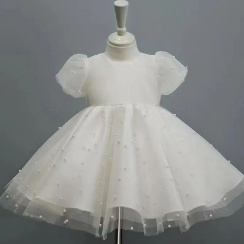 Fashion Girl Princess Vintage Pearl Dress Tulle Child Vestido Puff Sleeve Wedding Party Birthday Tutu Dress Child Clothes 1-10Y