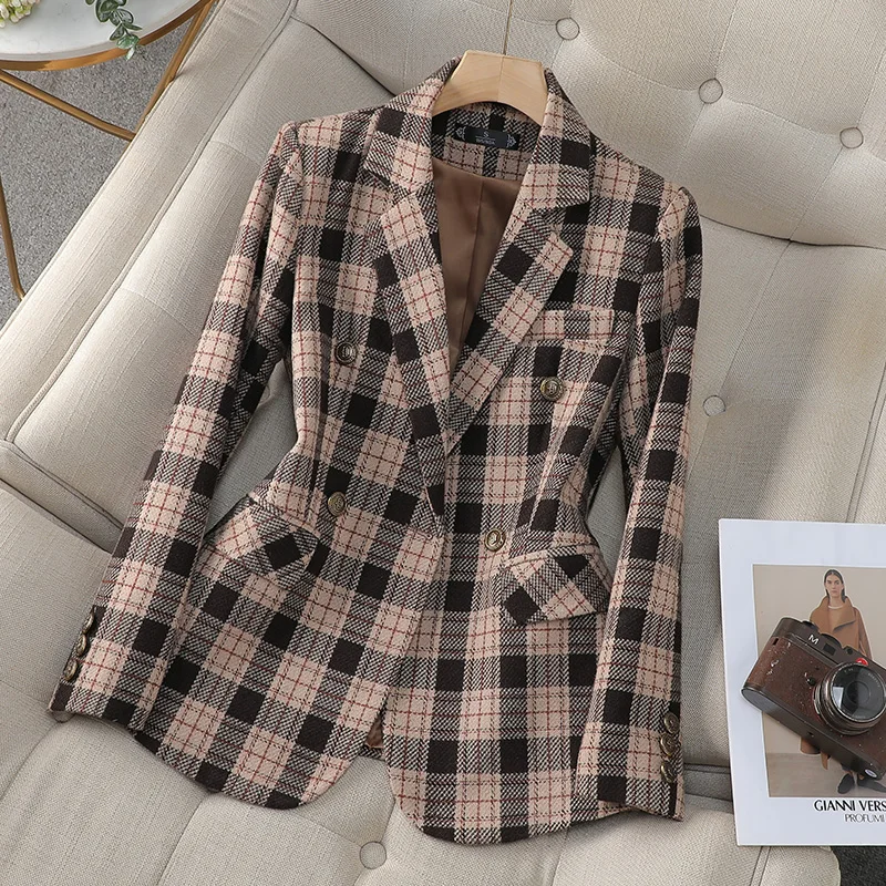 Green Coffee Plaid Women Blazer Ladies Long Sleeve Female Slim Casual Jacket For Autumn Winter