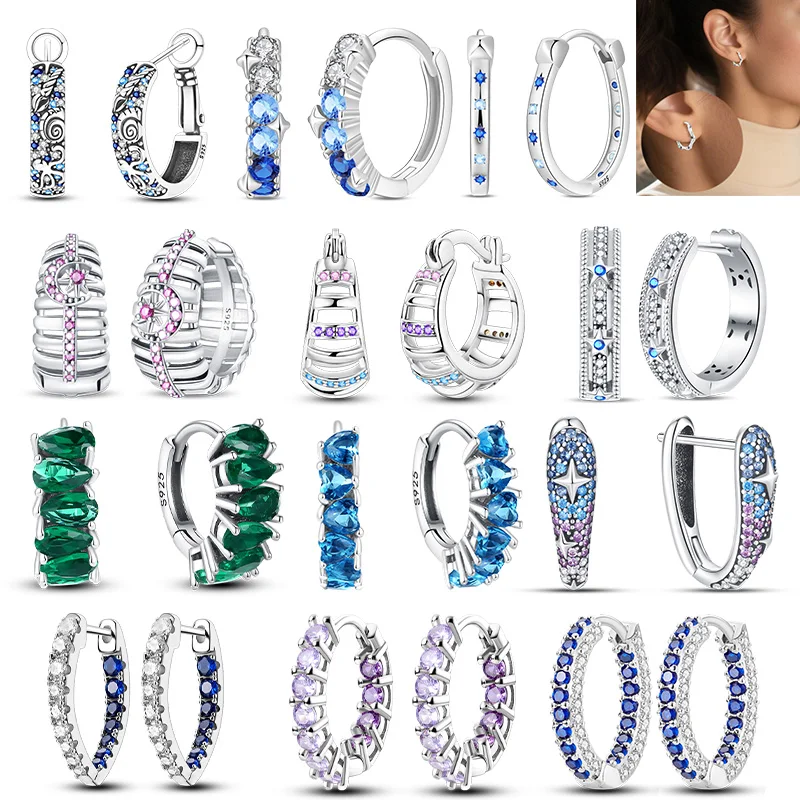 925 Sterling Silver Earrings Simple Shiny Round Silver Hoop Earrings Fashion Zircon Earrings Wedding Women Jewelry Gift