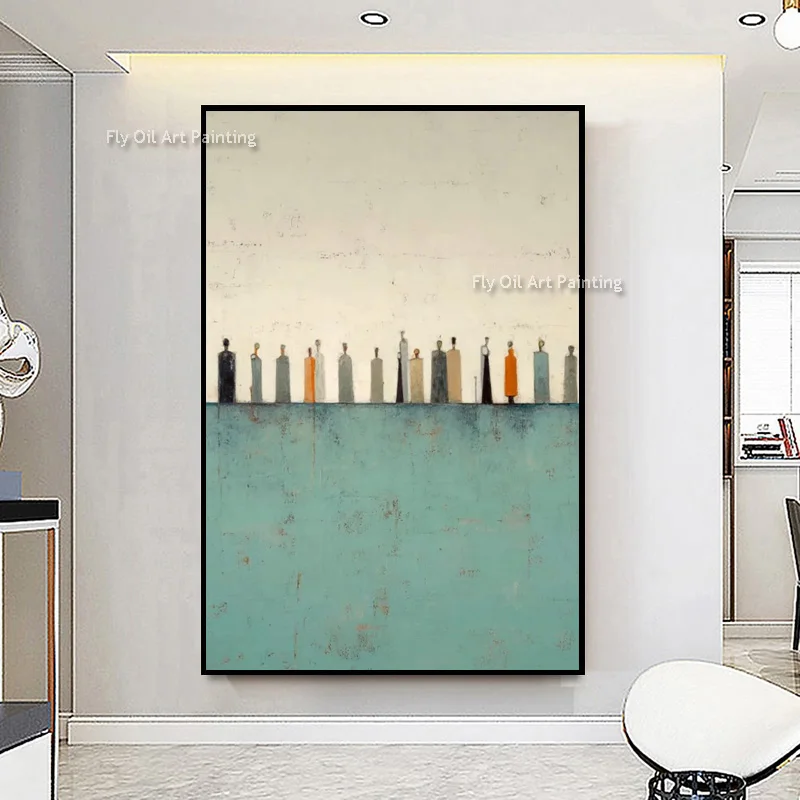 تصميم بسيط مرسومة باليد مجردة أصفر أسود الناس النفط الطلاء على قماش عمل فني شعبي جديد الأخضر البيج جدار ديكور فني #3