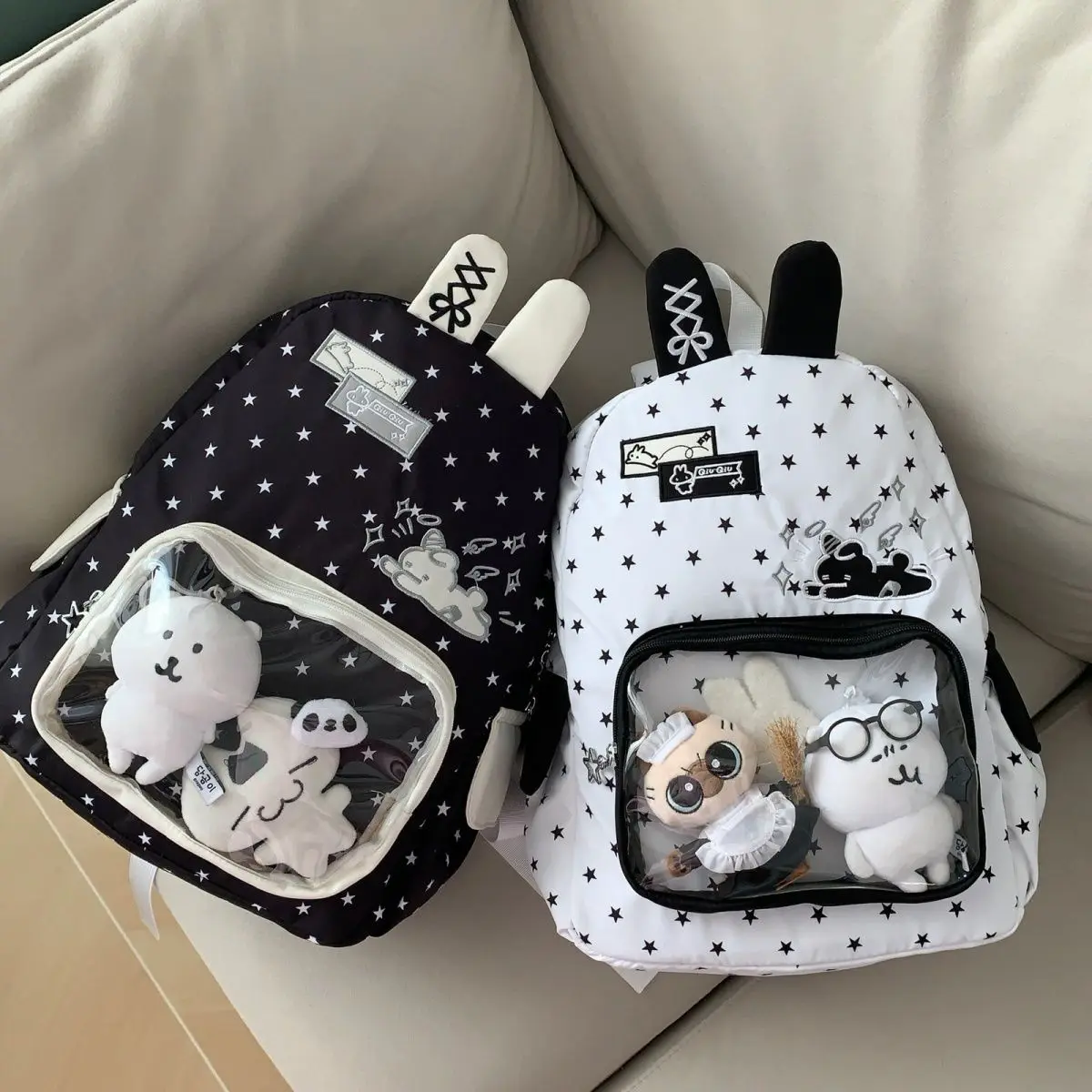 Original Cute All Match Star Rabbit Ears Kawaii Backpack Preppy Style Sweet School Backpack for Girl Transparent Layer Ita Bag