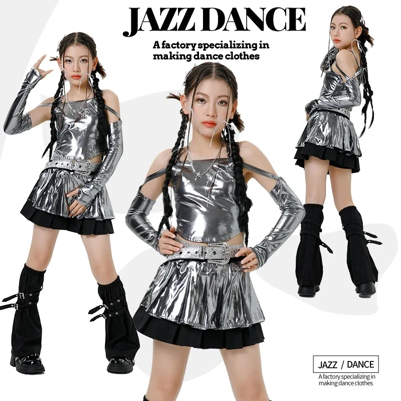

New Kid's Silvery Y2K Jazz Dance Costumes K POP Dancing Competition Set Hip Hop Street Perform Outfits Catwalk Show Set XH1699
