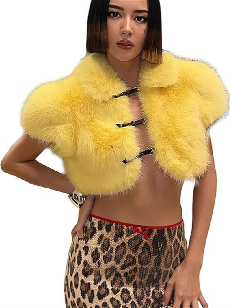 Sexy elegante casaco de pele curto mulher manga curta colheita topo feminino festa topos bola natal traje 2025 outono inverno jaqueta