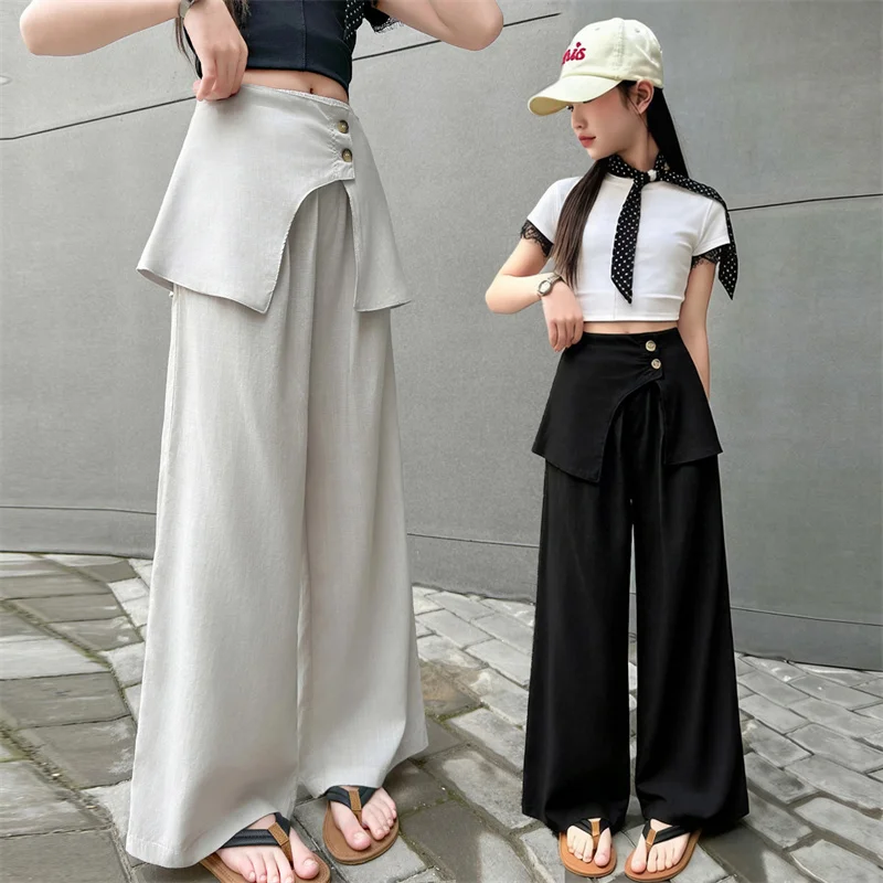 

New Summer Kids Casual Pants Fake Two Pieces Teenage Girls Wide-Leg Pants Solid Color Comfortable Children Cool Trousers 5-14Yrs