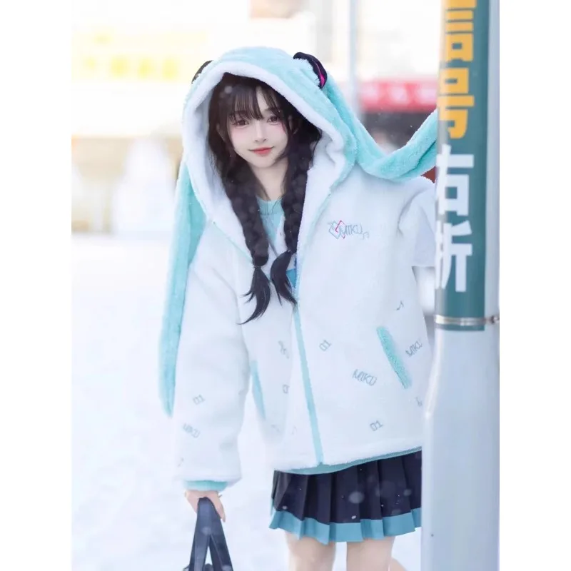 Autumn 2024 Winter Coat Cosplay Japanese Y2k Long Ear Jacket with Hooded Fleece Women White Harajuku Warm Cute Sweet Hoodie