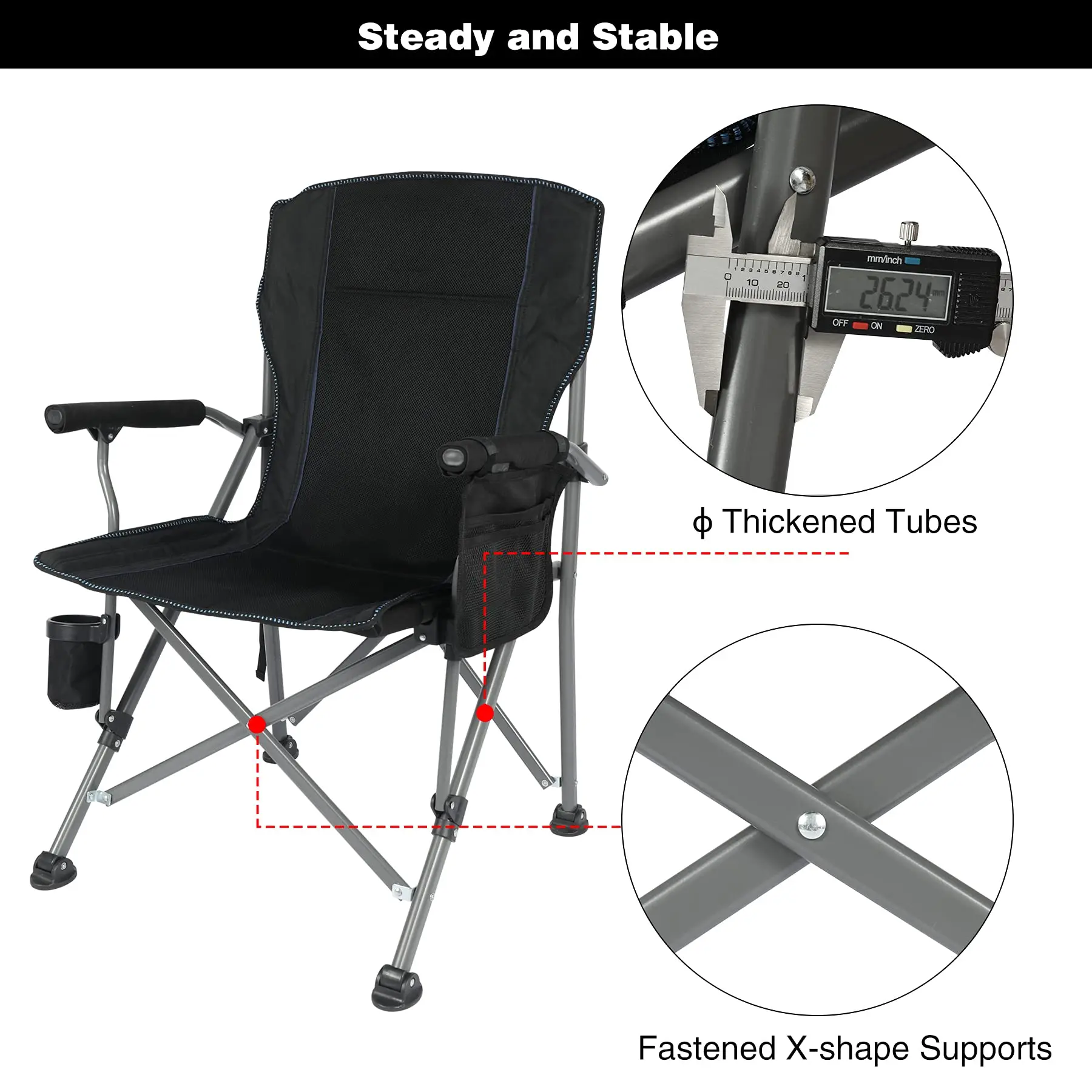 Oversized Folding Camping Chair，Sturdy Steel Frame Outdoor Camp Chairs Portable Lawn Chair with High Back and Cup Holder