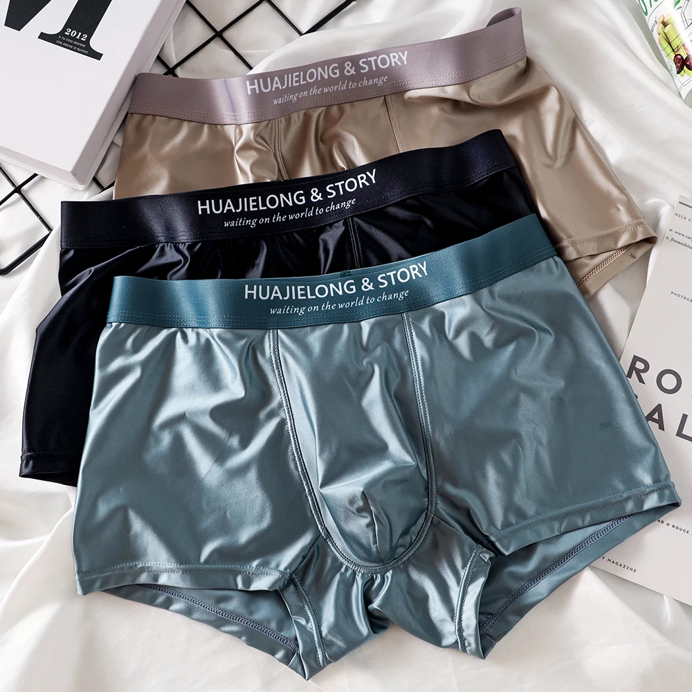 3 Stück/Packung Luxuriöse Eisseide-Satin-Boxershorts Sommer Glatte Kühle Einfarbige Herren-Unterhosen Atmungsaktiver Netz-Zwickel Unterwäsche
