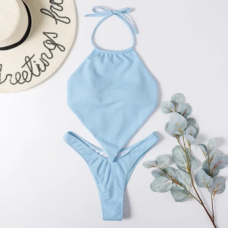 light blue Halter Bandana Bikinis Sets micro Thong sexy Swimsuit Women Swimwear Backless high cut Bathing Suit Bikini 2025 Mujer