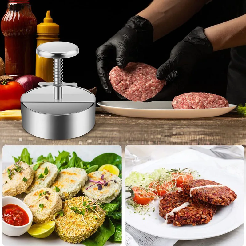 Burger Press Round Shape Stainless Steel Non-Stick Adjustable Hamburger Patty Maker Patty Making Mold Kitchen Tool