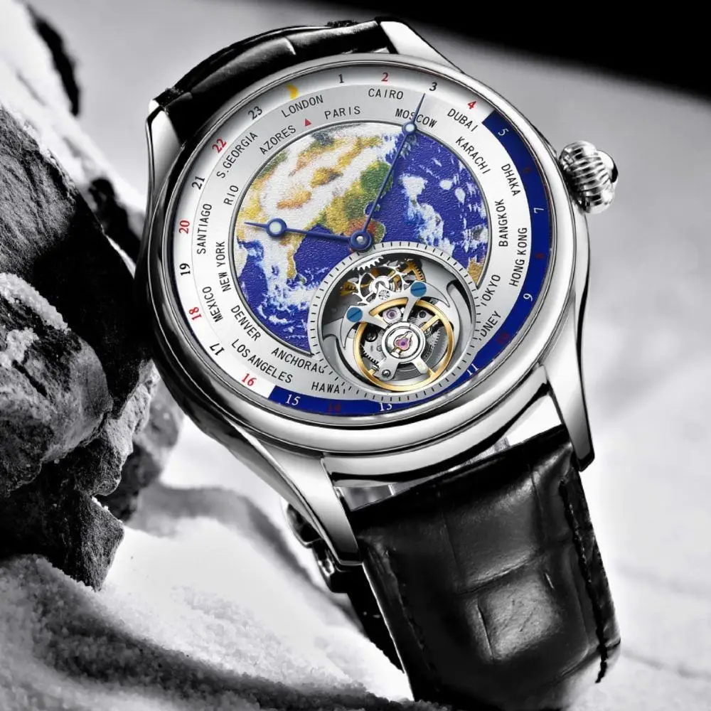 Automatic Tourbillon Watch 7051 World Map Dial Design Synthetic Sapphire Glass Luxury Mechanical Watches Original AESOP