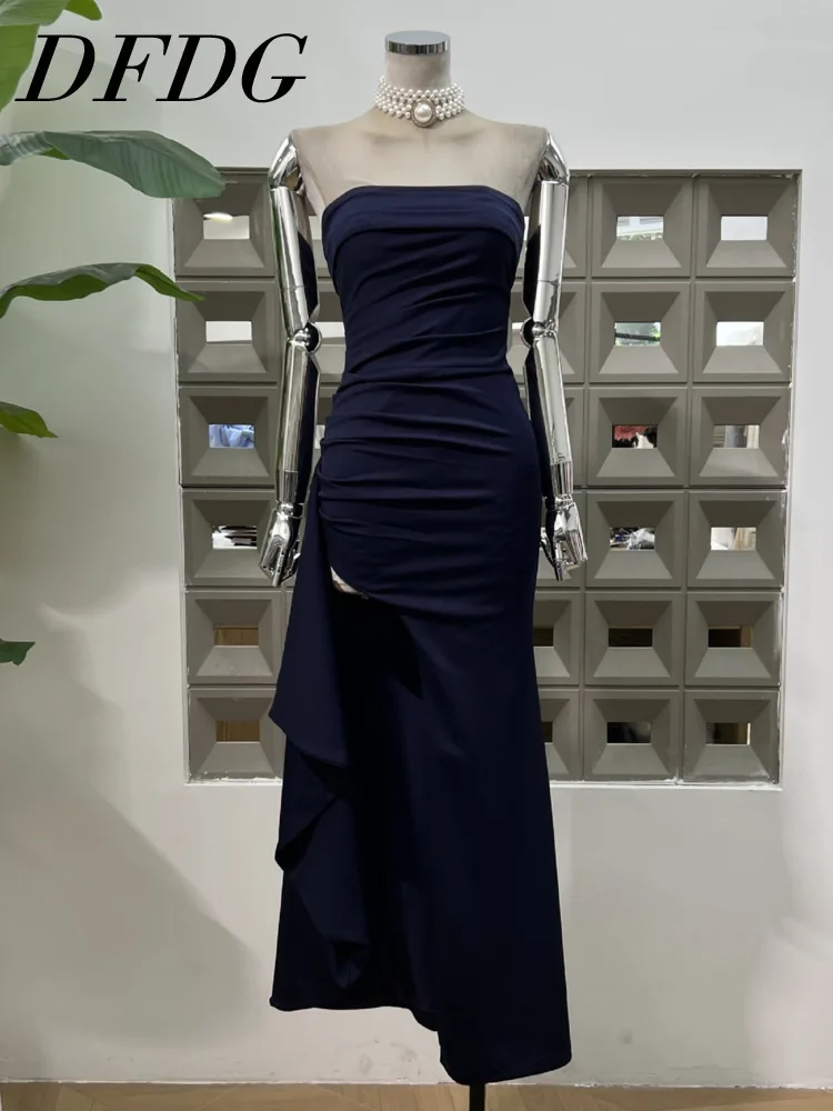DFDG 2025 Wiosna Lato Damska Asymetryczna Sukienka Plisowana Seksowna Sukienka z Wysokim Rozcięciem typu Tube, Dopasowana, na Wesele, Koktajl, Imprezę Formalną