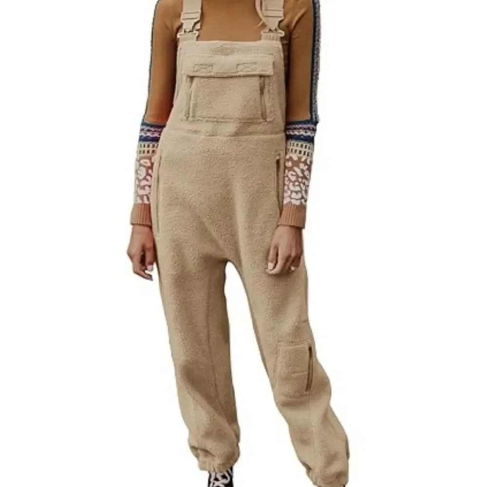 Overalls Women Suspenders Long Pants Lamb Wool Casual Loose Trousers Regular Pocket Straight Pant Solid Splice Capris 2024