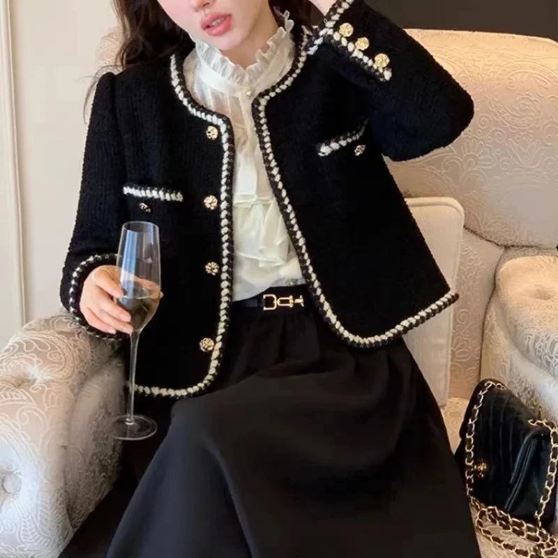 Black Vintage Design Tweed Cropped Jacket Women Spring Korean Fashion Long Sleeve Woolen Coat Elegant Luxury Chaquetas 2023 Y2k