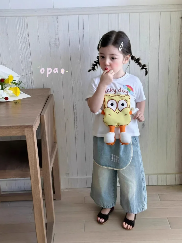 

Хлопковая футболка для девочек, новая летняя футболка с мультяшным принтом ort Sve round Ne из чистого хлопка, универсальный детский топ в Корейском стиле