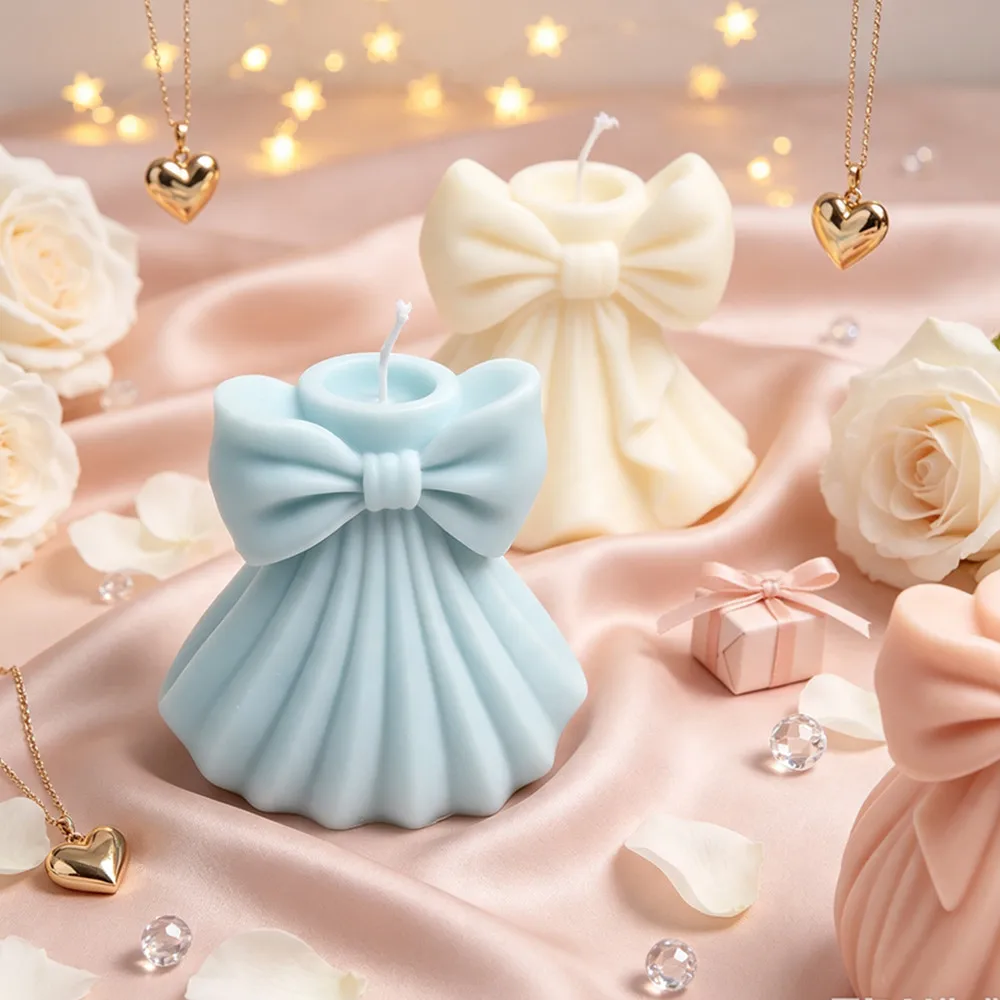 3D Bowknot Silicone Candle Mold,Elegant Flounce Dress Shape Bow Sculpture Mold DIY Scented Candlestick,Soap Making & Epoxy Resin