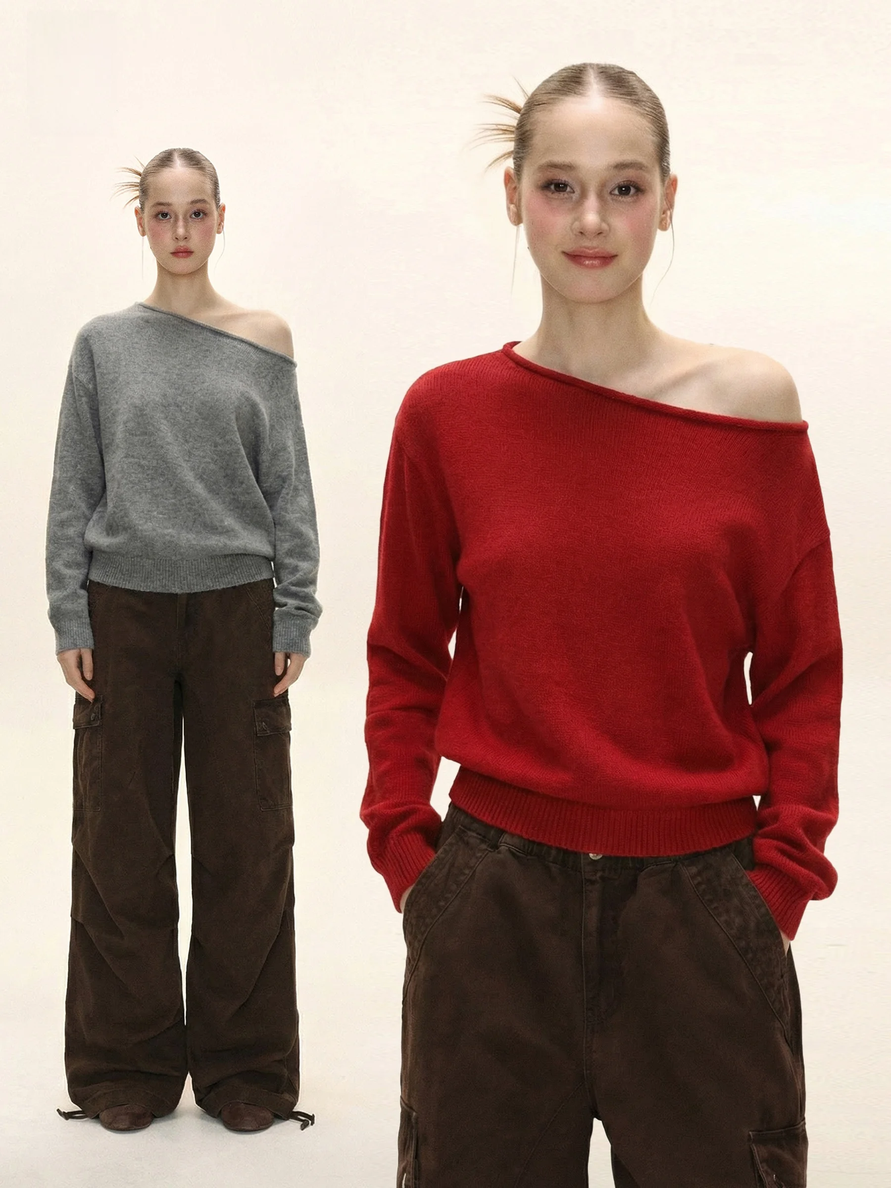 

American Sle Long Sve Slant oulder Sweater Women's Slim Fit Pure Color Knitted Top for Autumn And Winter Warmth Heating