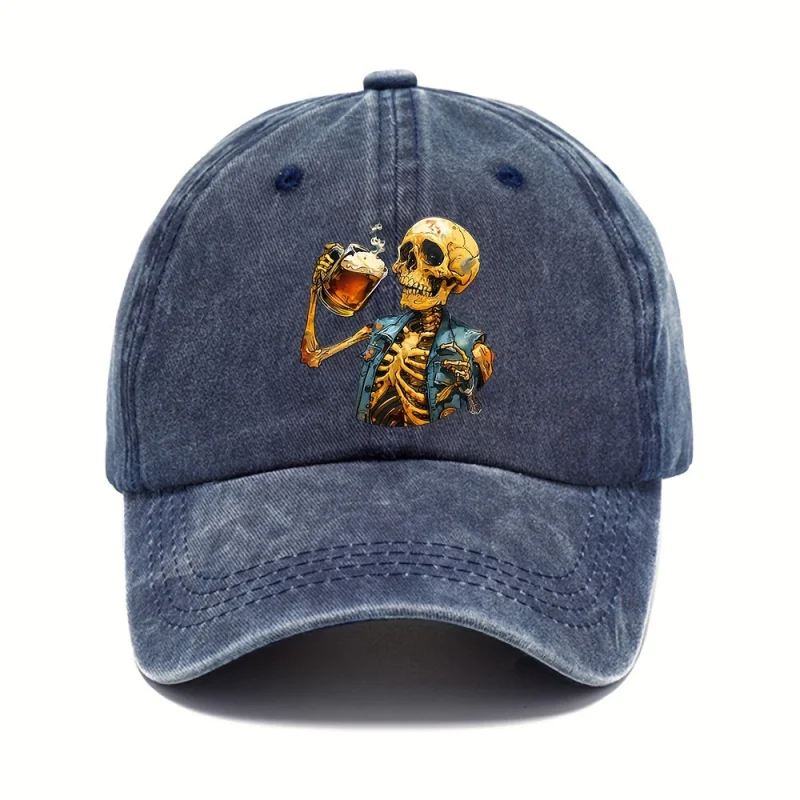 Halloween Skeleton Holding Wine Baseball Cap, Adjustable Vintage Casual Hat, Unisex Breathable Headwear