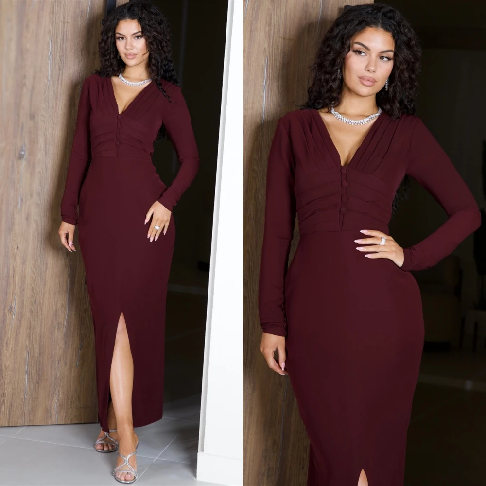 

Customized Exquisite Jersey V-Neck Evening Dress Simple Long Sleeves Prom Dresses Sparkly Mermaid Special Occasion Gowns
