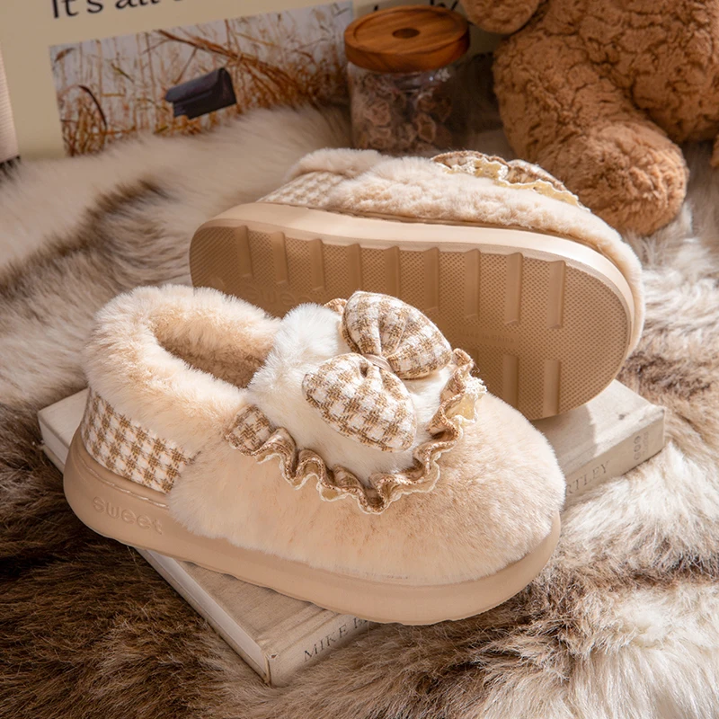 

Cute Plush Bow Slippers for Women, Warm Fuzzy Indoor Home Slippers with Ruffle Edge, Non-Slip Cozy Fluffy House Shoes for Winter
